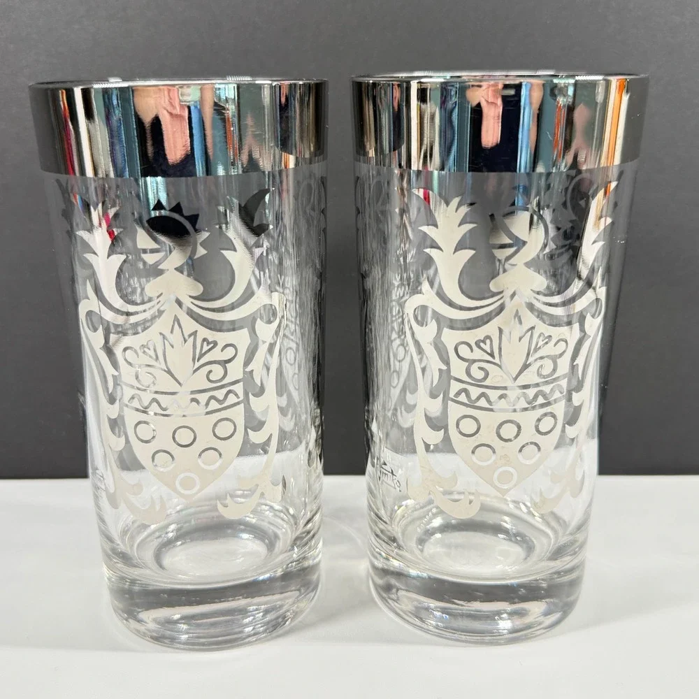 2 Vintage KIMIKO 60s Silver Knight Heraldic Crest Highball Glasses MCM Barware